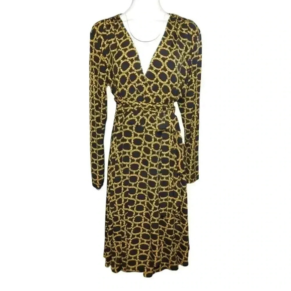 Vicky Tiel Wrap Dress Size XL Jersey Knit Black Yellow Gold Chain Link Print - Picture 1 of 7